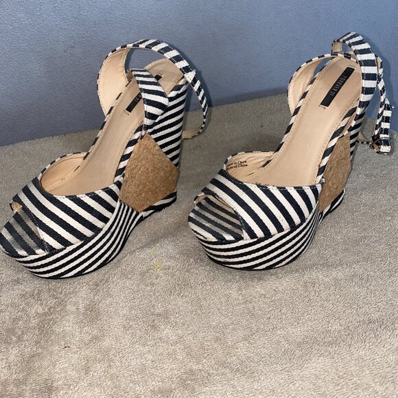 Forever 21 Striped Cork Wedge Heels | Nautical Black White Ankle Strap Sandals 8 - Picture 2 of 10